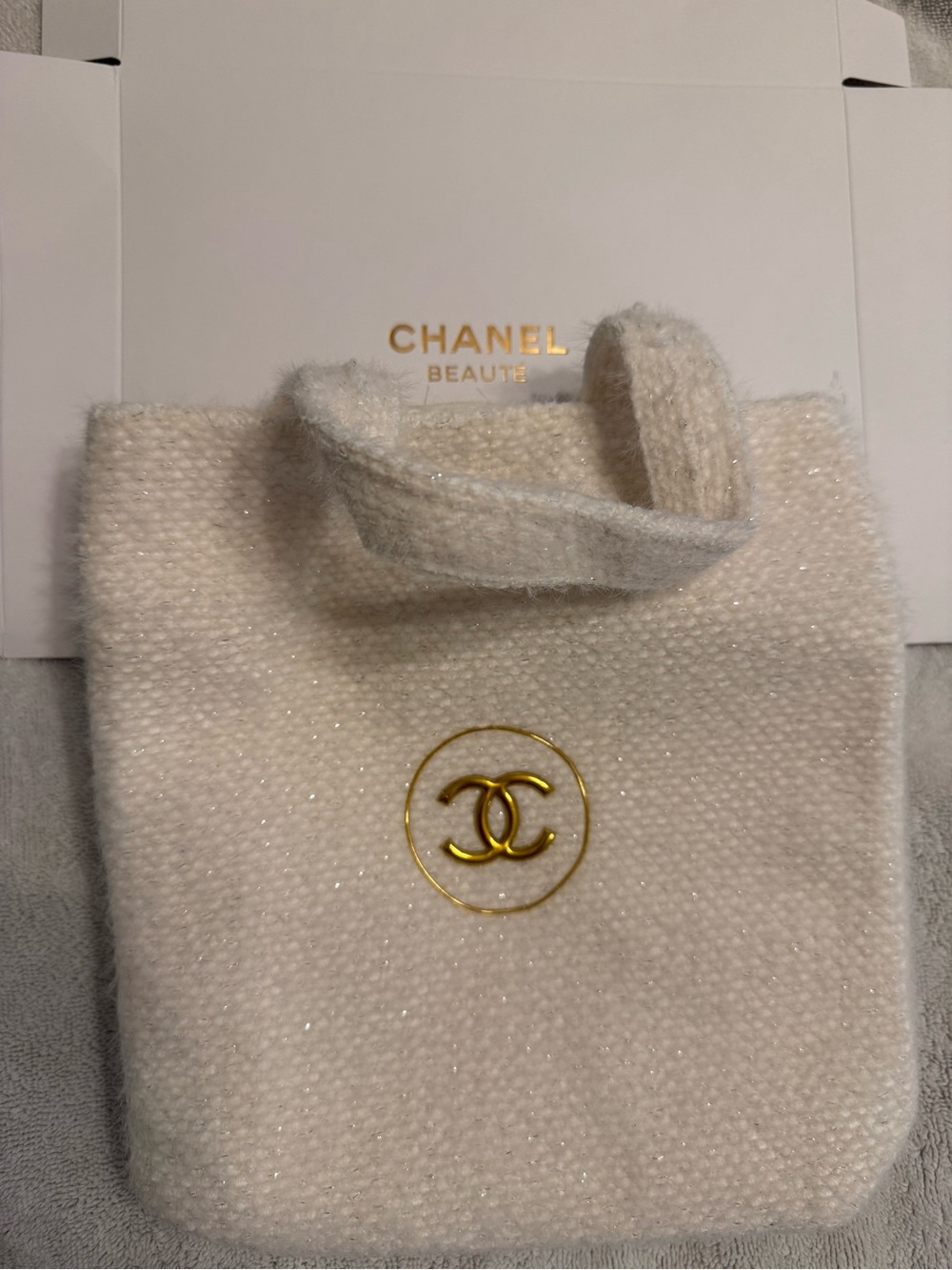 CHANEL Cream Tweed Mini Tote with Gold CC Emblem